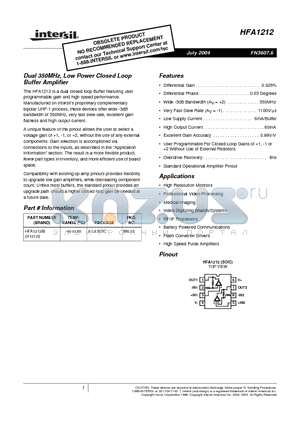 HFA1212IB datasheet - Dual 350MHz, Low Power Closed Loop Buffer Amplifier