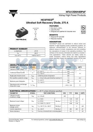 HFA135NH40PBF datasheet - HEXFRED^ Ultrafast Soft Recovery Diode, 275 A