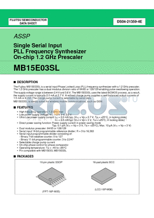 MB15E03SL datasheet - Single Serial Input PLL Frequency Synthesizer On-Chip 1.2 GHz Prescaler