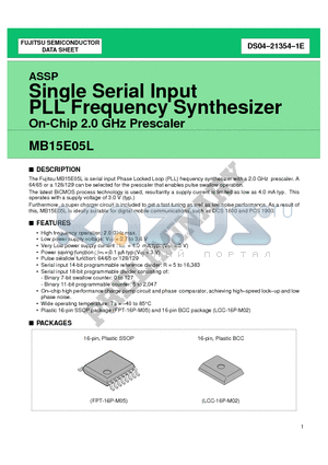 MB15E05L datasheet - Single Serial Input PLL Frequency Synthesizer On-Chip 1.2 GHz Prescaler