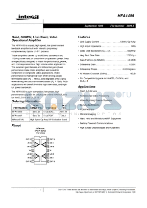 HFA1405 datasheet - Quad, 560MHz, Low Power, Video Operational Amplifier