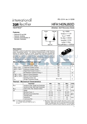 HFA140NJ60D datasheet - Ultrafast, Soft Recovery Diode