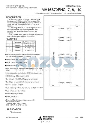 MH16S72PHC-10 datasheet - 1207959552-BIT (16777216 - WORD BY 72-BIT)SynchronousDRAM