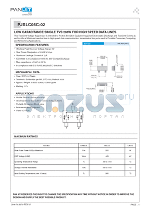 PJSLC05C-02 datasheet - LOW CAPACITANCE SINGLE TVS 200W FOR HIGH SPEED DATA LINES