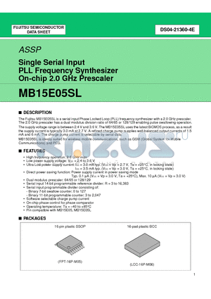 MB15E05SLPV1 datasheet - Single Serial Input PLL Frequency Synthesizer On-Chip 2.0 GHz Prescaler