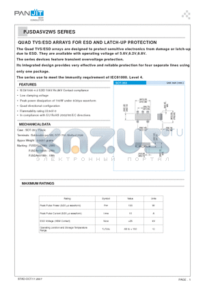 PJSDA5V2W5 datasheet - QUAD TVS/ESD ARRAYS FOR ESD AND LATCH-UP PROTECTION