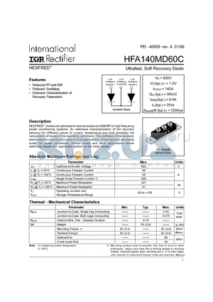 HFA140MD60C datasheet - Ultrafast, Soft Recovery Diode