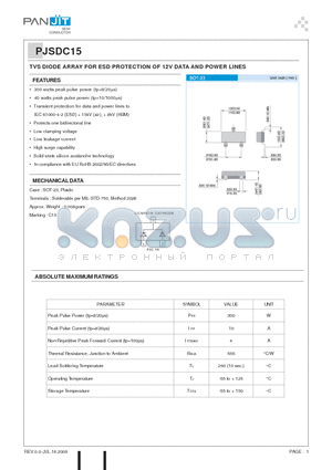 PJSDC15 datasheet - TVS DIODE ARRAY FOR ESD PROTECTION OF 12V DATA AND POWER LINES