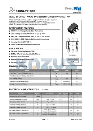 PJSDA6V1BC6 datasheet - QUAD BI-DIRECTIONAL TVS/ZENER FOR ESD PROTECTION