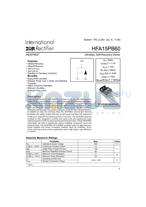 HFA15PB60 datasheet - Ultrafast, Soft Recovery Diode