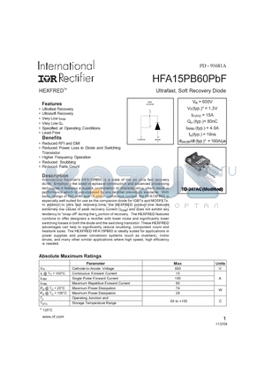 HFA15PB60PBF datasheet - Ultrafast, Soft Recovery Diode