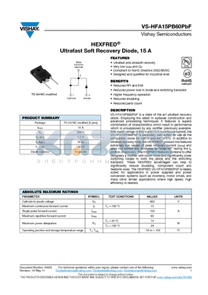 HFA15PB60PBF_11 datasheet - HEXFRED Ultrafast Soft Recovery Diode, 15 A