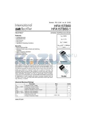 HFA15TB60 datasheet - Ultrafast, Soft Recovery Diode