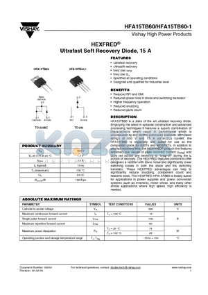 HFA15TB60 datasheet - Ultrafast Soft Recovery Diode, 15 A