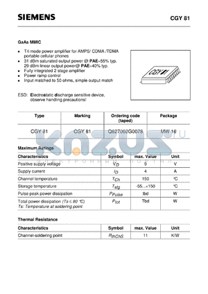 Q627002G0078 datasheet - GaAs MMIC (Tri mode power amplifier for AMPS/ CDMA /TDMA portable cellular phones)