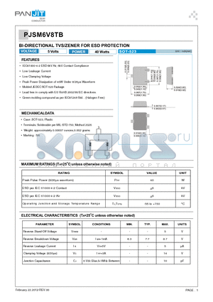 PJSM6V8TB_00001 datasheet - BI-DIRECTIONAL TVS/ZENER FOR ESD PROTECTION