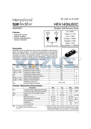 HFA140NJ60C datasheet - HEXFRED Ultrafast, Soft Recovery Diode