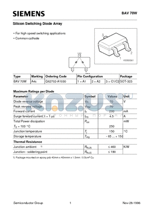 Q62702-A1030 datasheet - Silicon Switching Diode Array (For high speed switching applications Common cathode)