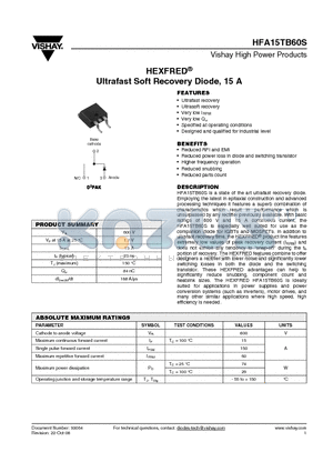HFA15TB60S datasheet - Ultrafast Soft Recovery Diode, 15 A