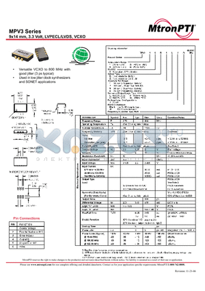 MPV3_06 datasheet - 9x14 mm, 3.3 Volt, LVPECL/LVDS, VCXO