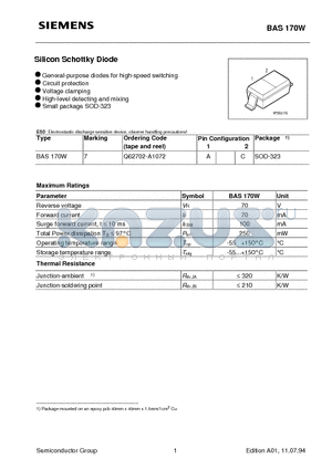 Q62702-A1072 datasheet - Silicon Schottky Diode (General-purpose diodes for high-speed switching Circuit protection Voltage clamping)