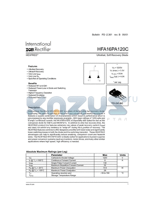 HFA16PA120C datasheet - HEXFRED Ultrafast, Soft Recovery Diode