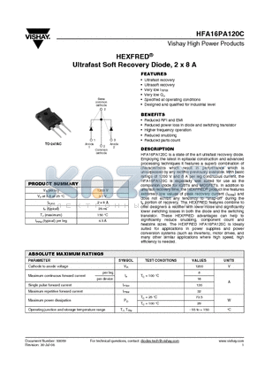 HFA16PA120CPBF datasheet - Ultrafast Soft Recovery Diode, 2 x 8 A