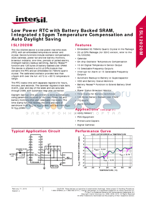 ISL12020MIRZ datasheet - Low Power RTC with Battery Backed SRAM, Integrated a5ppm Temperature Compensation and Auto Daylight Saving