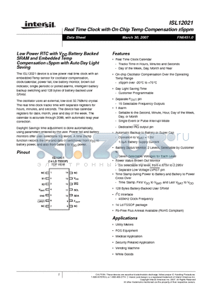 ISL12021 datasheet - Real Time Clock with On Chip Temp Compensation a5ppm