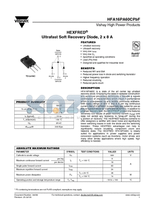 HFA16PA60C datasheet - Ultrafast Soft Recovery Diode, 2 x 8 A