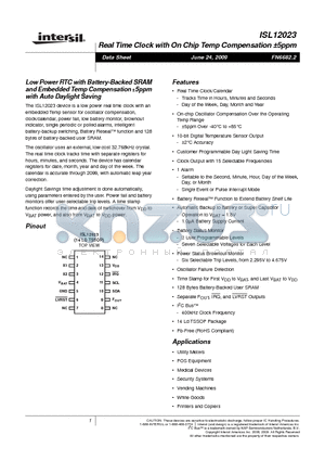 ISL12023IVZ datasheet - Low Power RTC with Battery-Backed SRAM and Embedded Temp Compensation a5ppm with Auto Daylight Saving