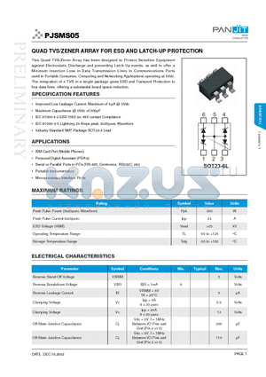 PJSMS05 datasheet - QUAD TVS/ZENER ARRAY FOR ESD AND LATCH-UP PROTECTION