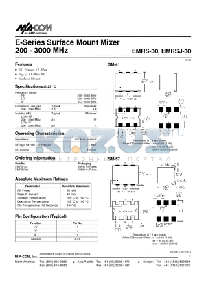 EMRSJ-30 datasheet - E-Series Surface Mount Mixer 200 - 3000 MHz