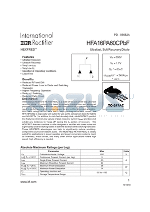 HFA16PA60CPBF datasheet - Ultrafast, Soft Recovery Diode