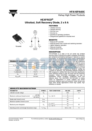 HFA16PA60CPBF datasheet - Ultrafast, Soft Recovery Diode, 2 x 8 A