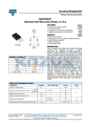 HFA16PA60CPBF datasheet - HEXFRED Ultrafast Soft Recovery Diode, 2 x 8 A
