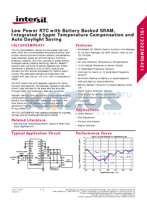 ISL12022MIBZ-TR5421 datasheet - Low Power RTC with Battery Backed SRAM, Integrated 5ppm