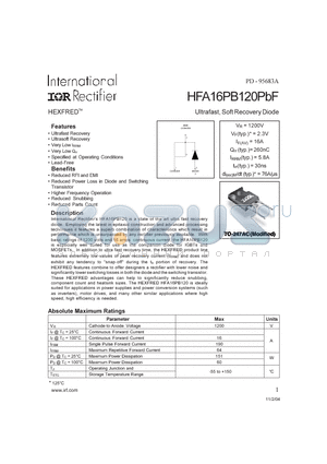 HFA16PB120PBF datasheet - Ultrafast, Soft Recovery Diode