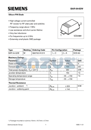 Q62702-A121 datasheet - Silicon PIN Diode (High voltage current controlled RF resistor for RF attenuator and switches Frequency range above 1 MHz)