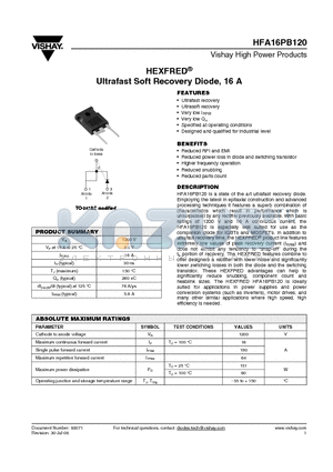 HFA16PB120PBF datasheet - Ultrafast Soft Recovery Diode, 16 A