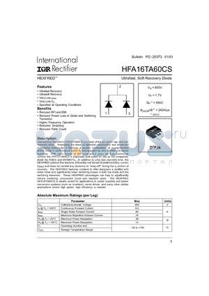 HFA16TA60CS datasheet - Ultrafast, Soft Recovery Diode