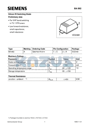 Q62702-A1214 datasheet - Silicon Rf Switching Diode Preliminary data