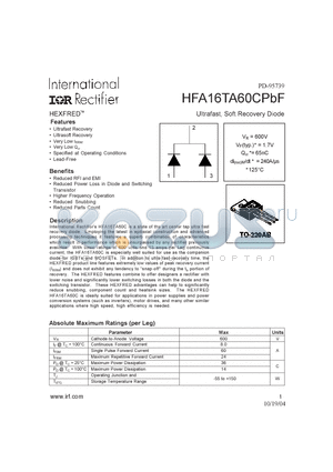 HFA16TA60CPBF datasheet - Ultrafast, Soft Recovery Diode