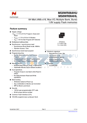 M58WR064HL70ZB6E datasheet - 64 Mbit (4Mb x16, Mux I/O, Multiple Bank, Burst) 1.8V supply Flash memories