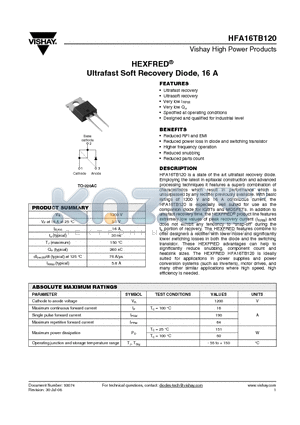 HFA16TB120 datasheet - Ultrafast Soft Recovery Diode, 16 A