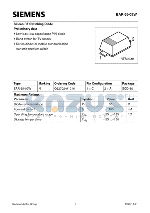 Q62702-A1216 datasheet - Silicon RF Switching Diode Preliminary data (Low loss, low capacitance PIN-diode Band switch for TV-tuners)