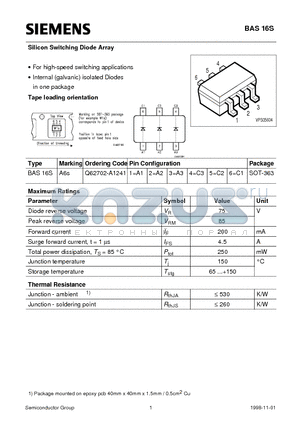 Q62702-A1241 datasheet - Silicon Switching Diode Array (For high-speed switching applications Internal (galvanic) isolated Diodes in one package)