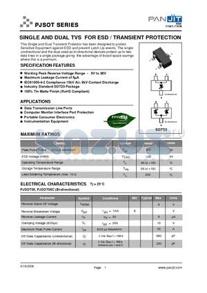 PJSOT datasheet - SINGLE AND DUAL TVS FOR ESD / TRANSIENT PROTECTION