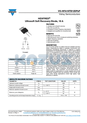 HFA16TB120PBF datasheet - HEXFRED Ultrasoft Soft Recovery Diode, 16 A