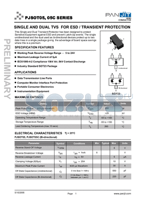 PJSOT05 datasheet - SINGLE AND DUAL TVS FOR ESD / TRANSIENT PROTECTION